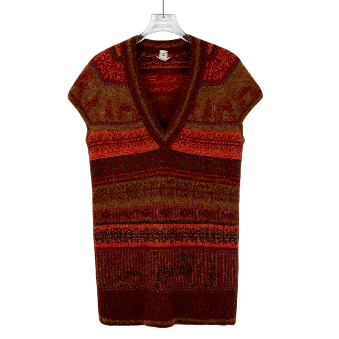 95新 Hermes/爱马仕 DW0243 红色条纹嵌花V领短袖针织衫 38 S码
