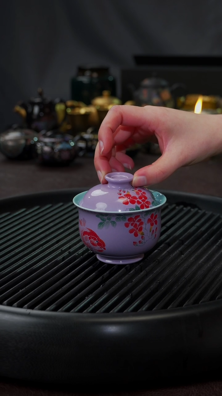【闪购商品】杯【宜景窑烟幕紫】手绘盖碗
