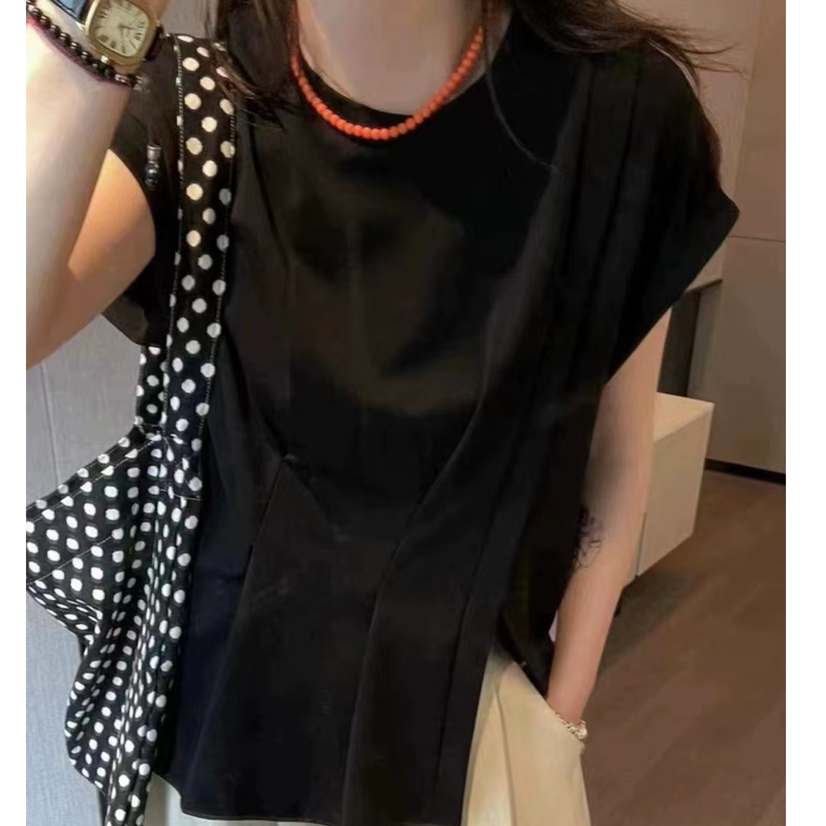 【艾萱萱】c780款收腰褶皱显瘦短袖T恤女约60