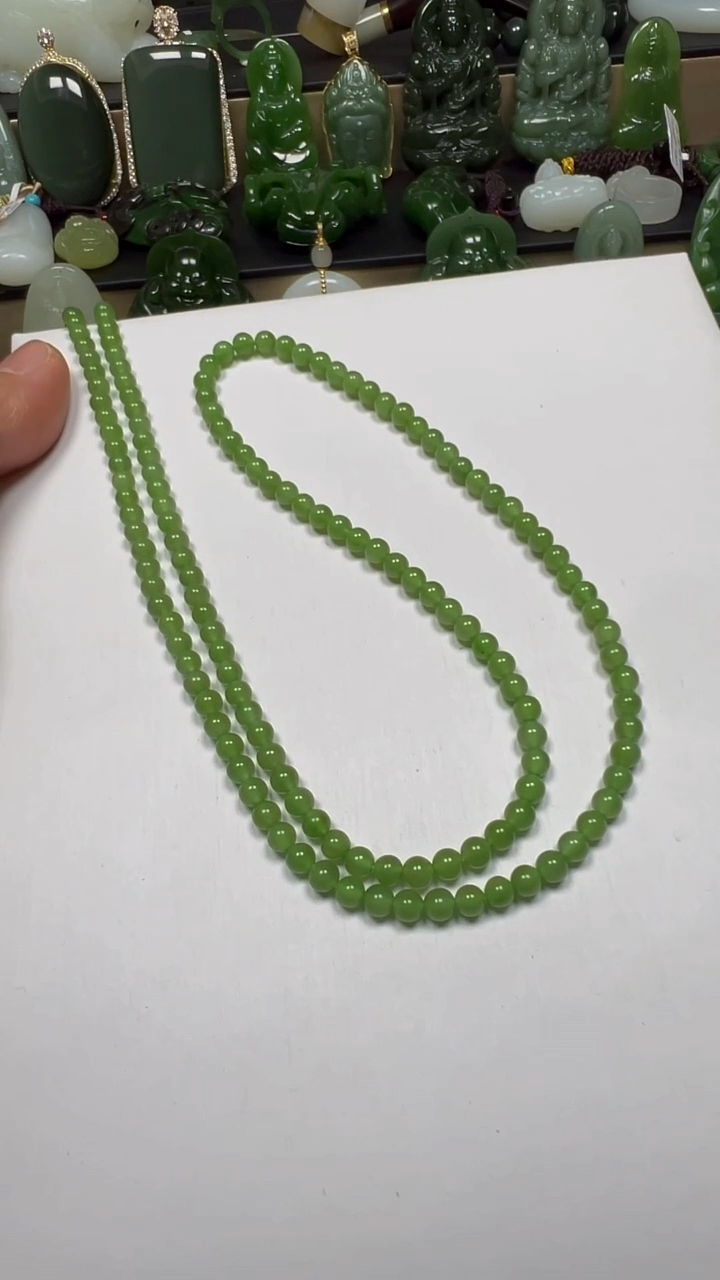 颈饰未镶嵌和田玉（碧玉）【老马】和田玉碧玉果绿小米珠链约4mm