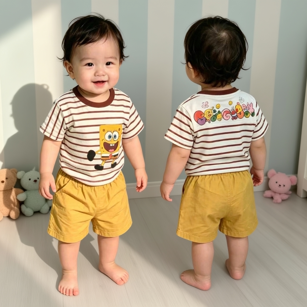 新款夏季海绵宝宝半袖套装婴幼时尚条纹可爱风卡通爬服外出服套装