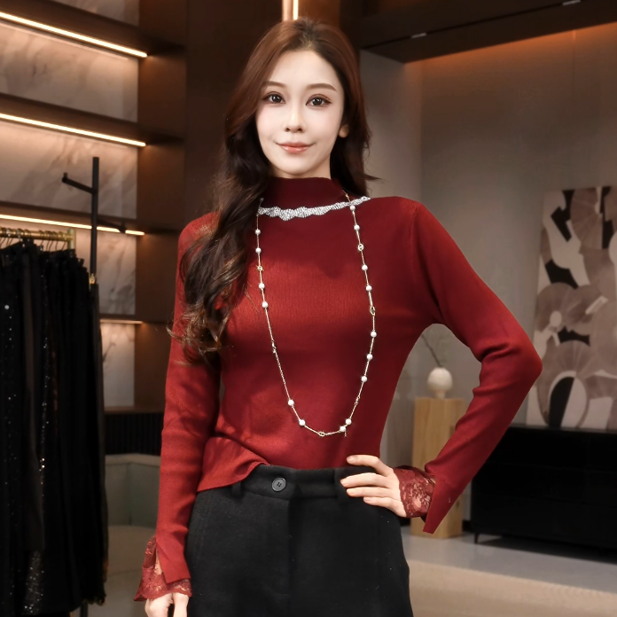霓霓Lab 秋季新款半高领项链带钻贵气显瘦百搭长袖上衣N431