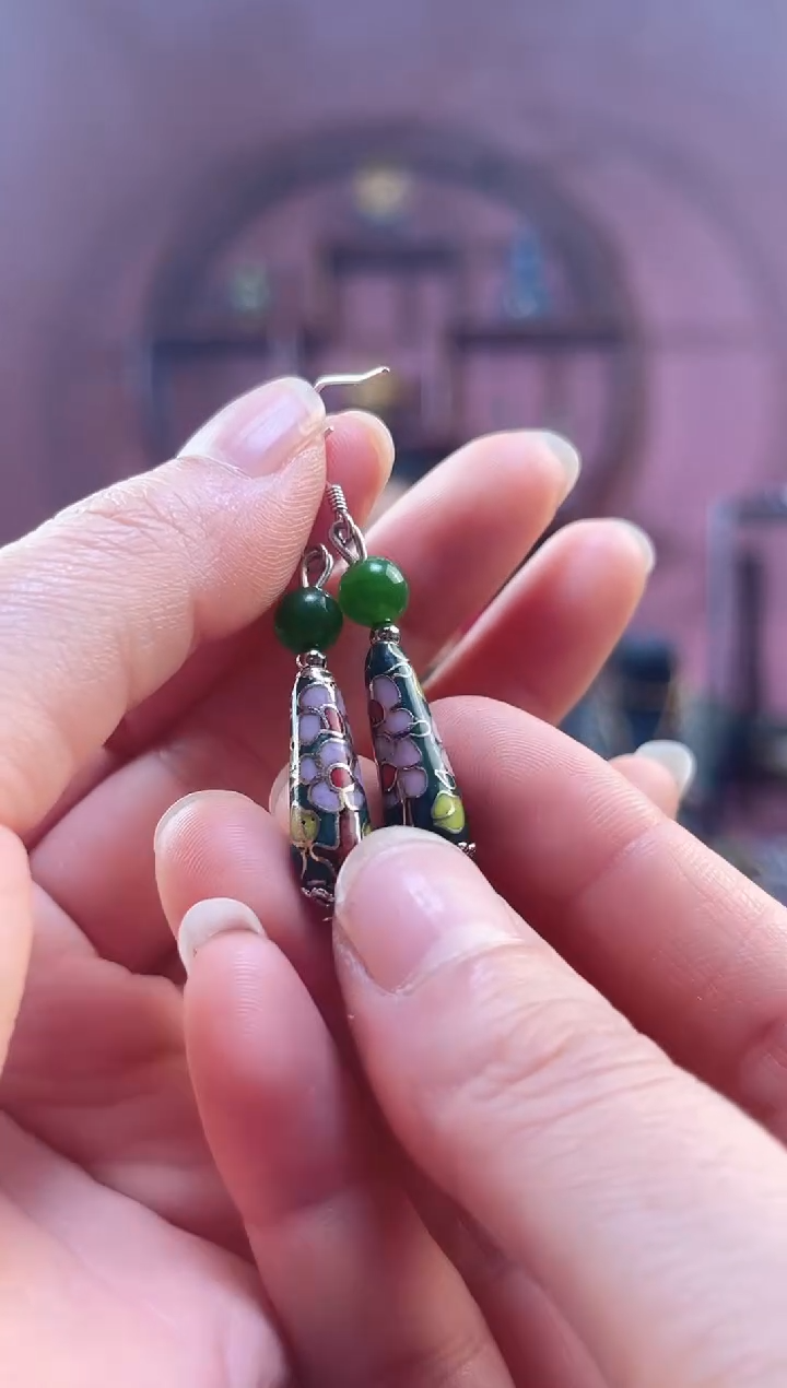 非遗 景泰蓝耳饰 水滴 绿色
