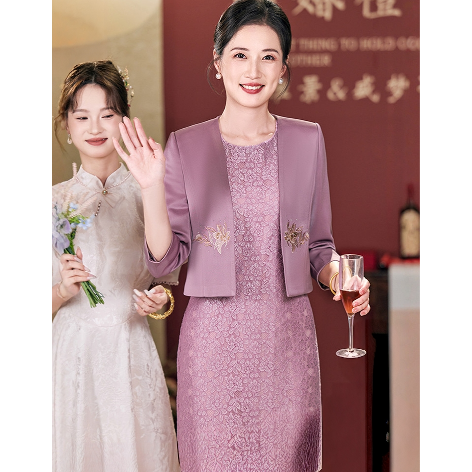 喜妈妈婚宴礼服2025新款优雅大气平时可穿连衣裙高端大气紫色十月