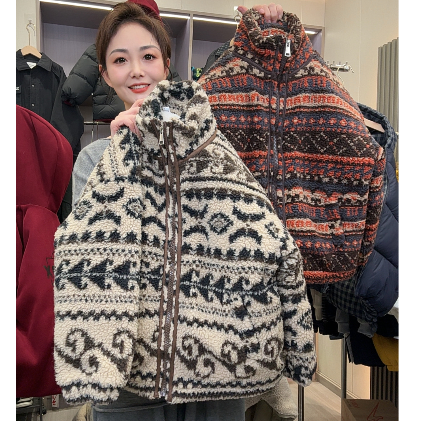 四层加厚费尔岛仿羊羔毛皮草外套亲子款洋气百搭加绒加棉HB9