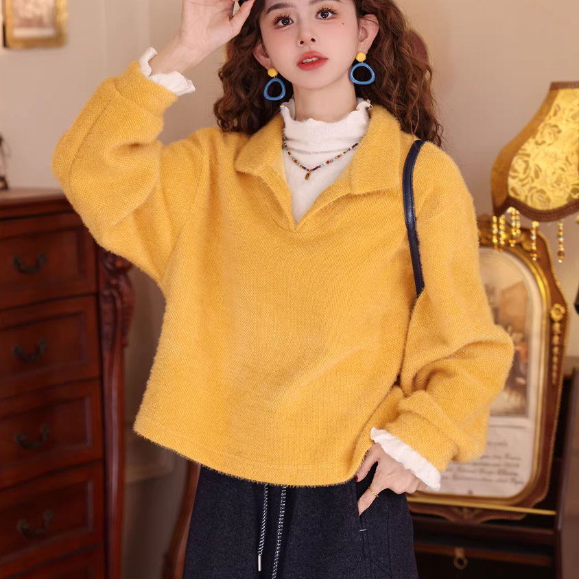 【落日孤舟】长袖卫衣女款加厚冬休闲宽松设计感假两件上衣针织