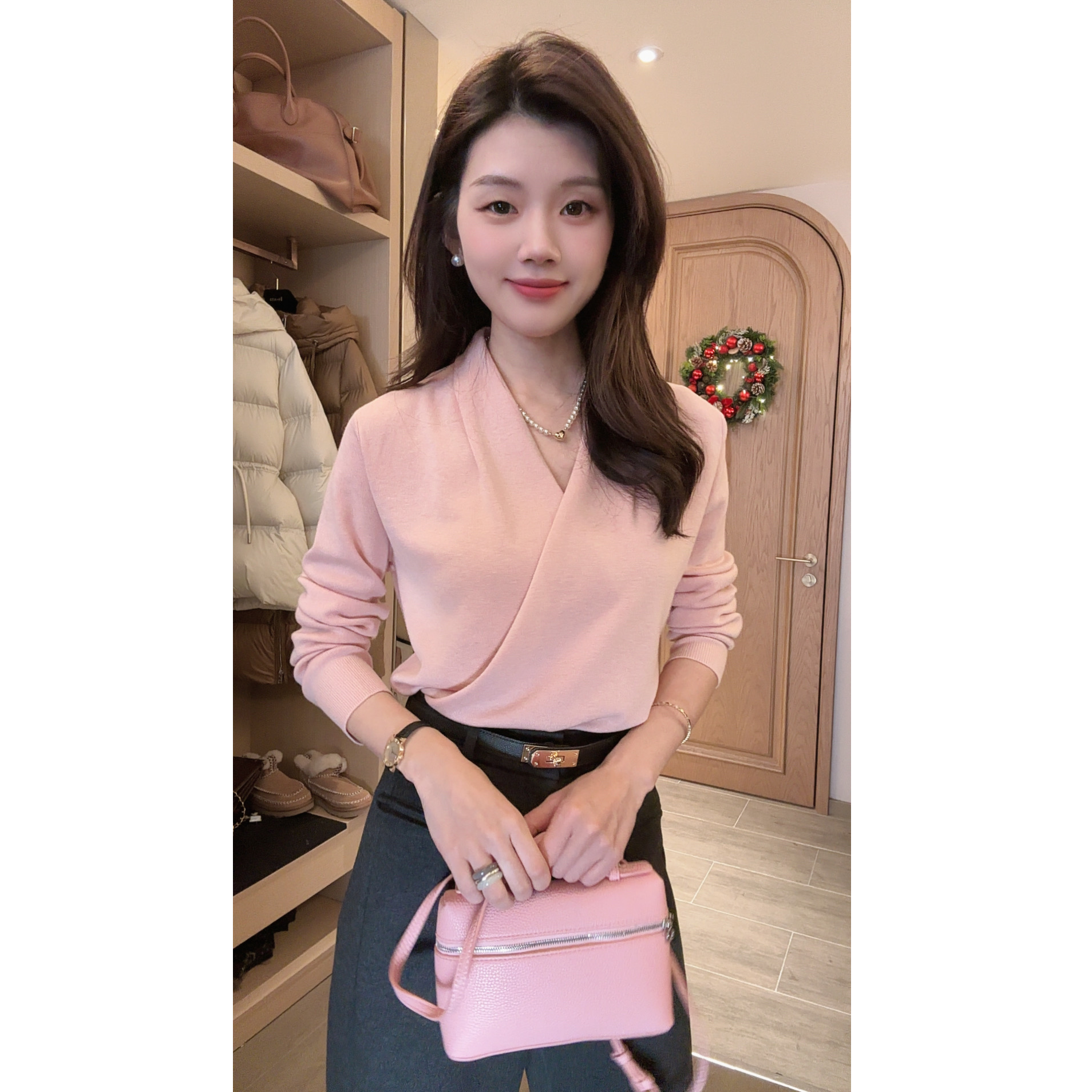 【暮烟绒粉】‘’绵羊毛桑蚕丝厚款V领千金风优雅长袖毛针织衫