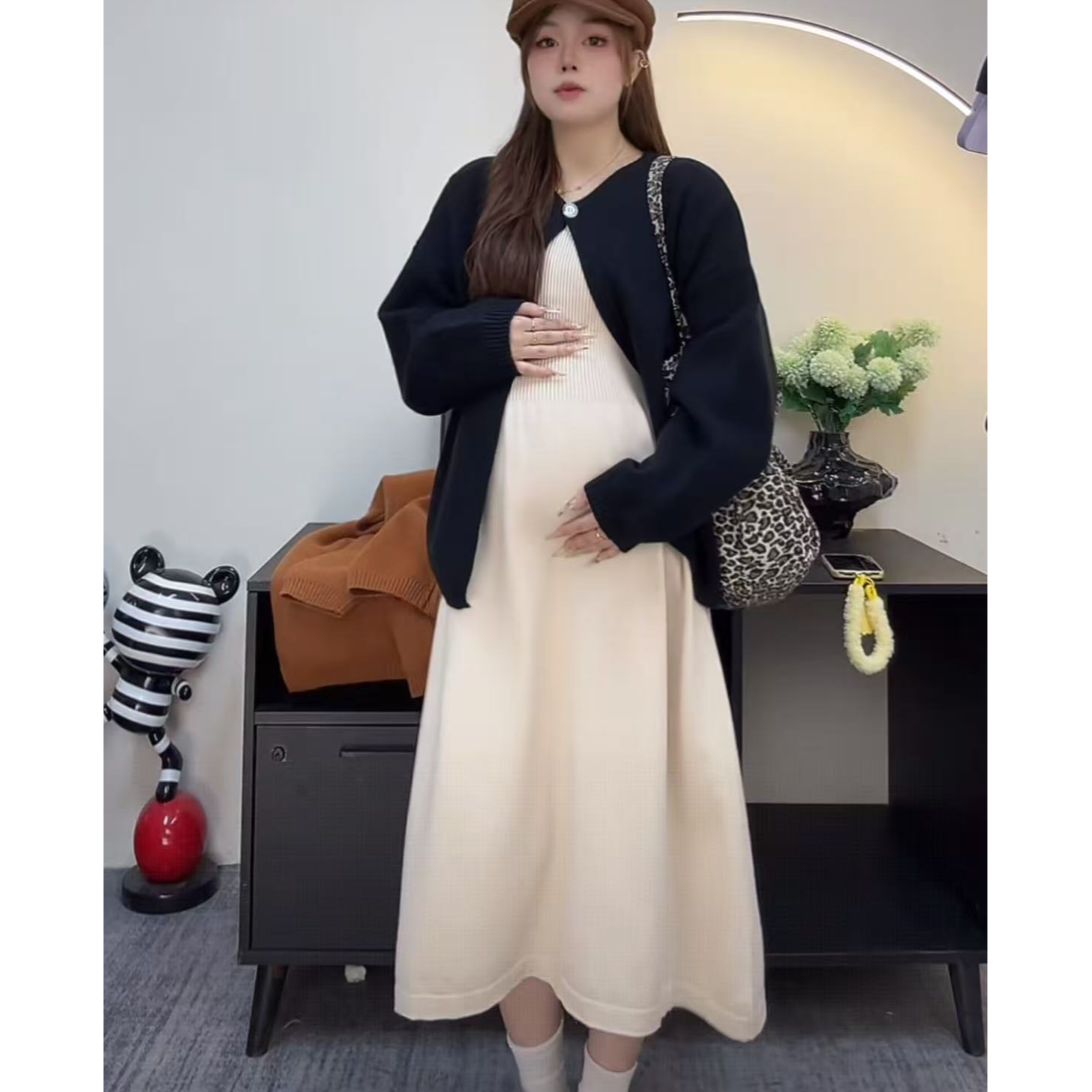 孕妇装新款2025年秋冬时尚韩版针织开衫毛衣搭配长袖连衣裙套装