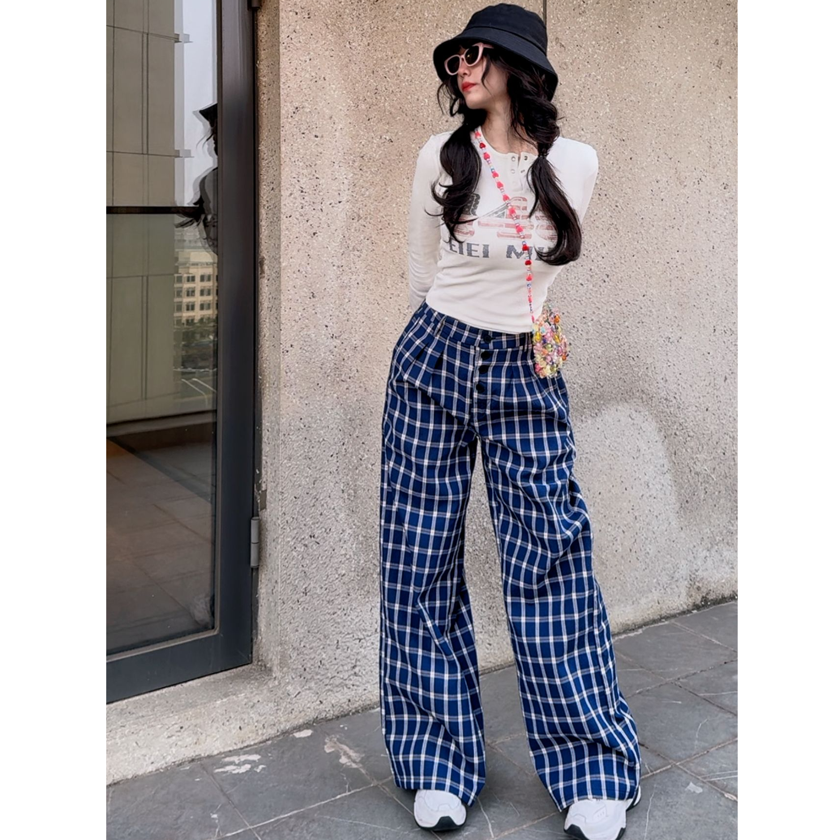 美式修身长袖t恤女春季新款字母印花蓝色复古格纹阔腿裤休闲套装