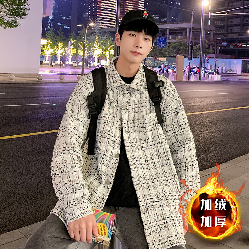 秋冬粗花呢加绒小香风格子外套男潮流港风百搭宽松休闲翻领夹克