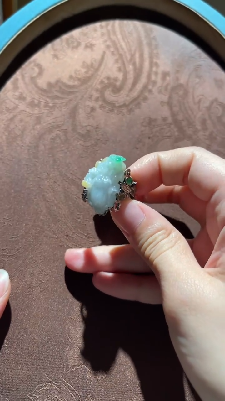 翡翠戒指银S925镶嵌红翡绿翠