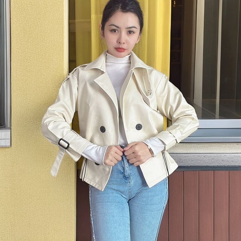 2023春季新款时尚气质韩版宽松休闲短款西装领带松紧女皮大衣