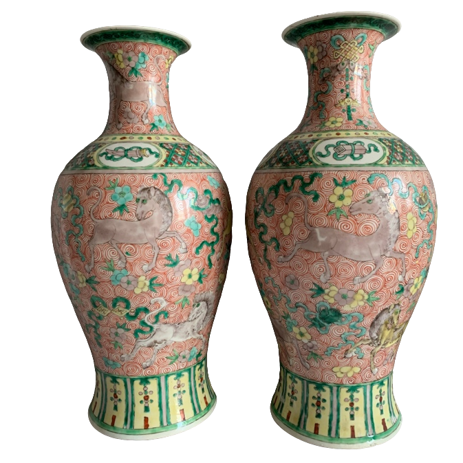 五彩八骏图纹 吉祥八宝观音花瓶 