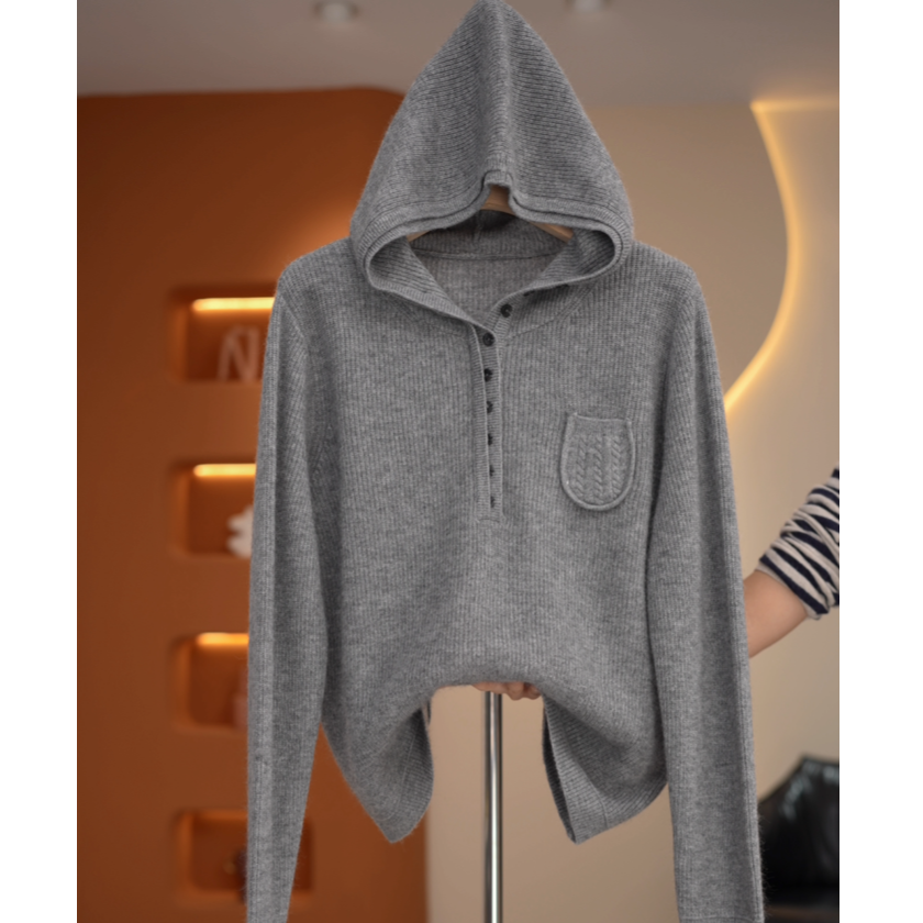 【荣荣】高级感麻花口袋连帽通勤百搭休闲针织衫-Y20191