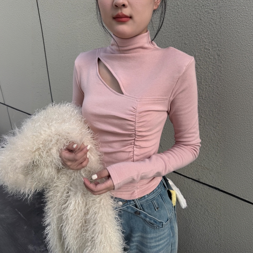 小凤定制/加绒法式半高领打皱设计/磨毛修身显瘦内搭长袖打底上衣