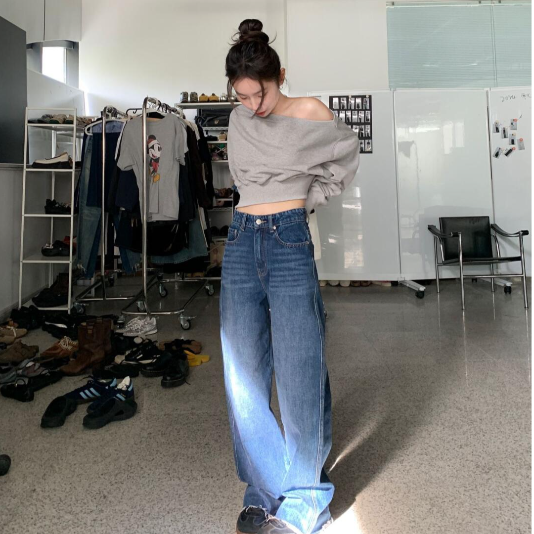 【SM-109】早秋韩系休闲通勤设计感斜肩宽松短款上衣宽松百搭裤子