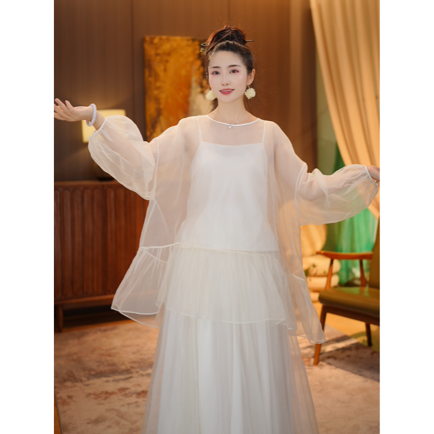 彬壹冉-2751原创仙气桑蚕丝百搭纱衣气质白色裙子长款