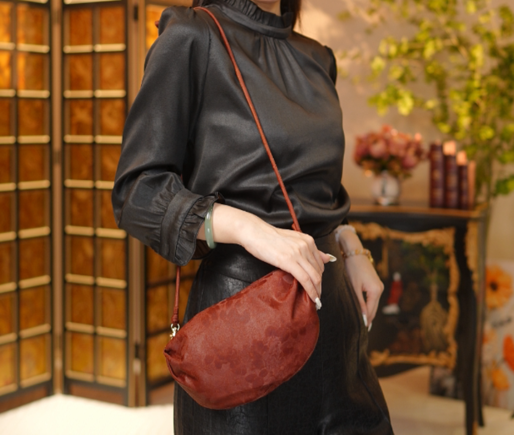 绯棠金缕 非遗典雅红莨竹纹斜挎包手提包23cm*13cm*6cmMY1909 