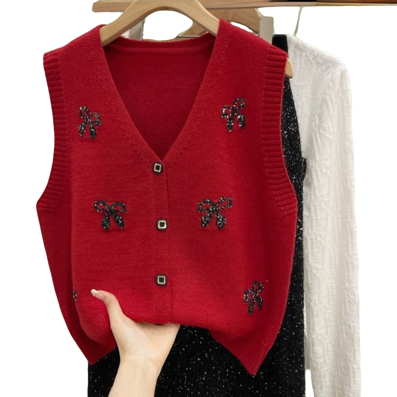 春秋外穿无袖开衫针织嵌花马甲女士时尚气质修身显瘦网红休闲上衣