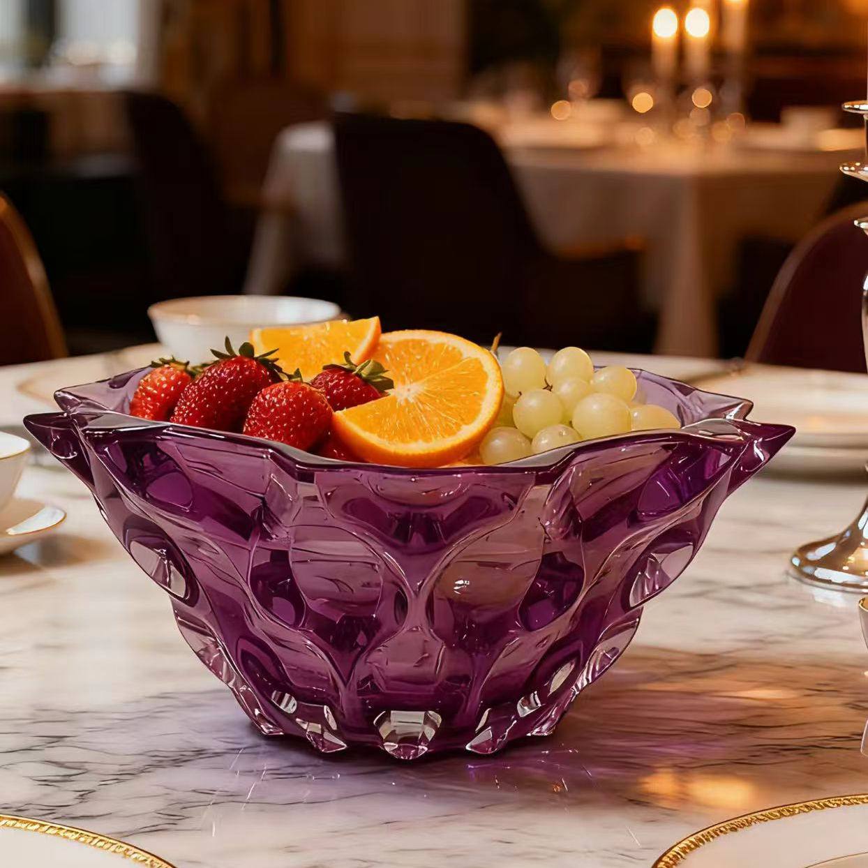波西米亚进口紫色水晶玻璃水果盘子欧式大号干果零食带脚果斗