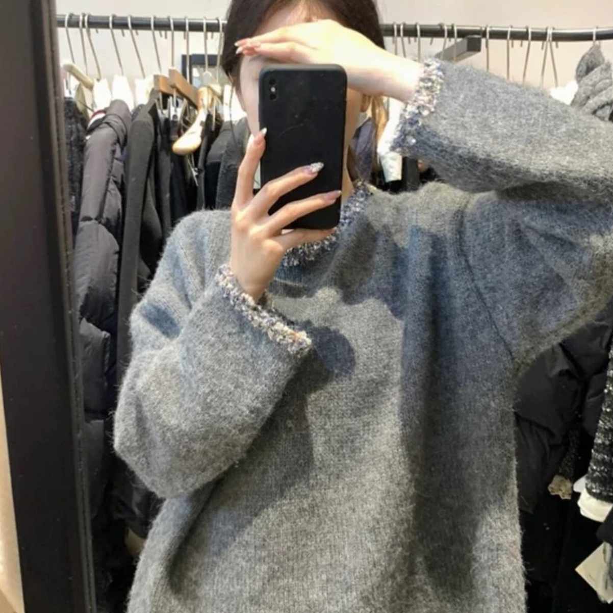 新/小香风毛蕊花灰色软糯套头宽松高级感外穿针织上衣9811