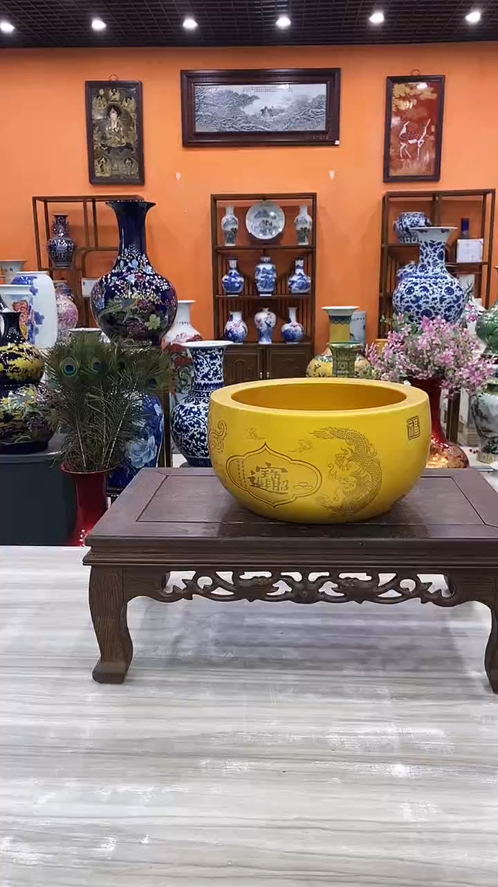 摆件金色龙凤呈祥聚宝盆14*25+旋转底座