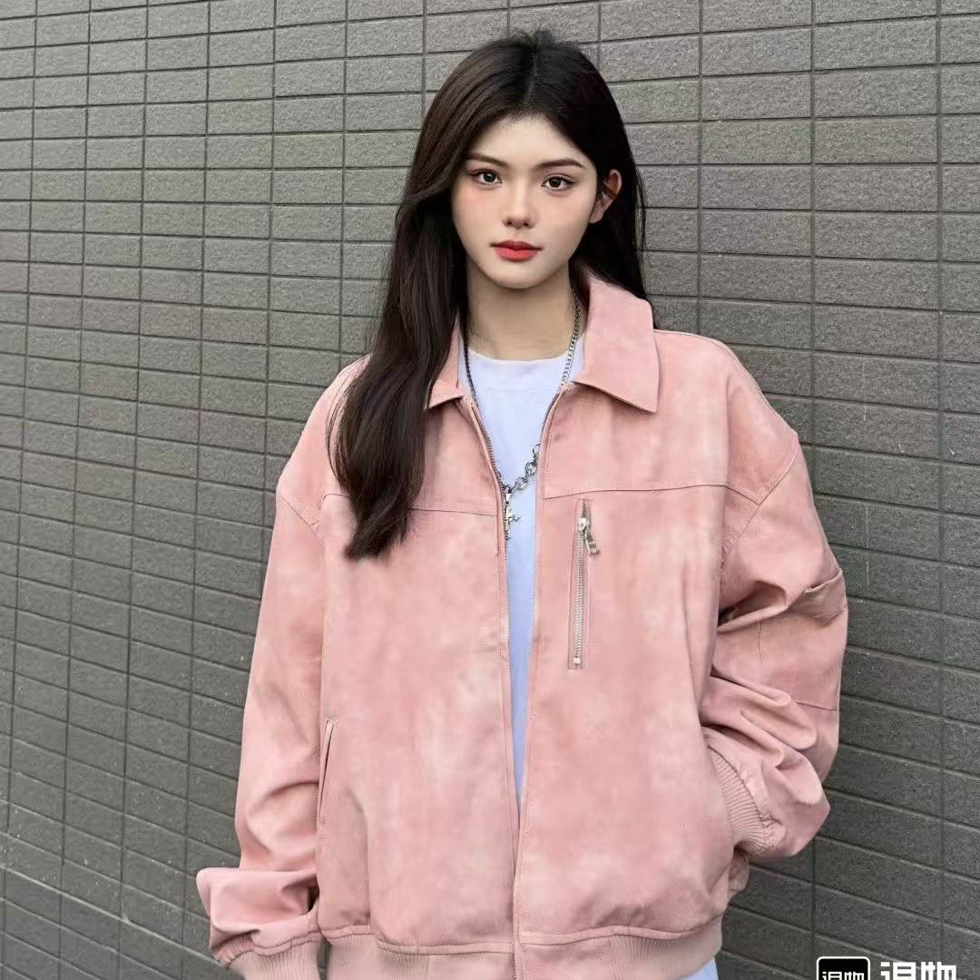 呆呆姐 美式复古机车做旧粉色长袖棉服外套加厚超百搭 8806