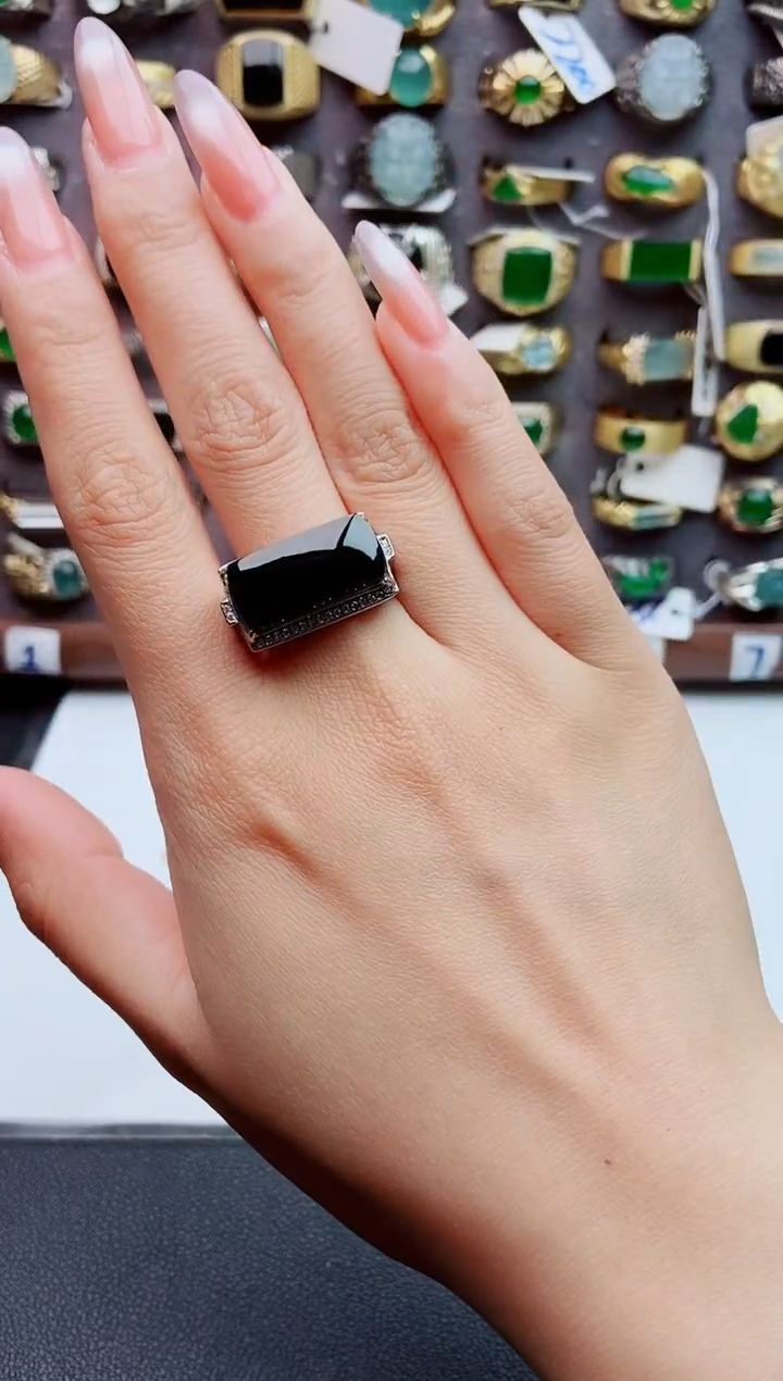 银S925镶嵌戒指翡翠天然翡翠男戒