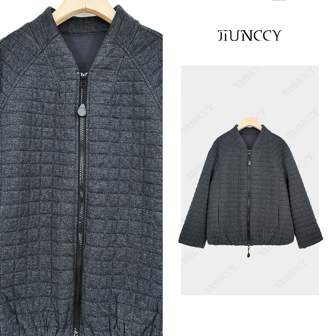 JIUNCCY【方镜】羊毛混纺格子绗缝填充羊毛双头拉链外套 52YWT075