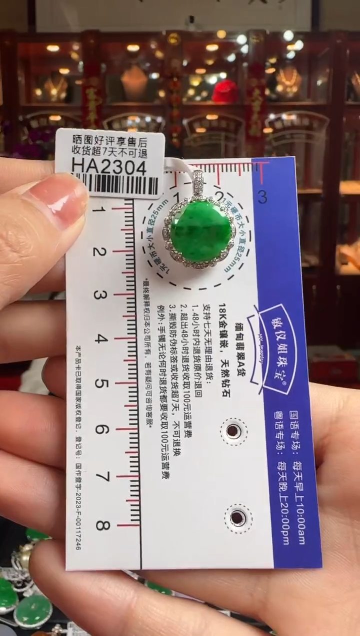 【闪购商品】翡翠颈饰18K金镶嵌HA2304冰辣绿无事牌