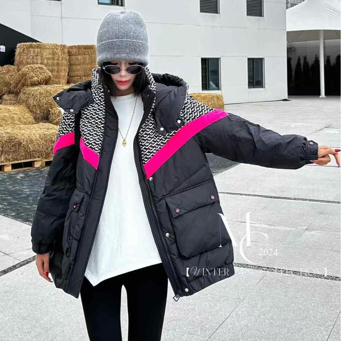欧韩中长时尚拼接保暖羽绒服