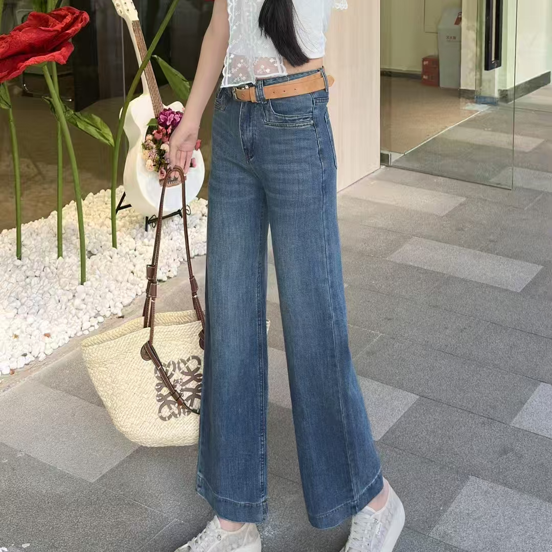 复古蓝阔腿牛仔裤女2025年新款高腰宽松显瘦垂感女款小个子直筒裤