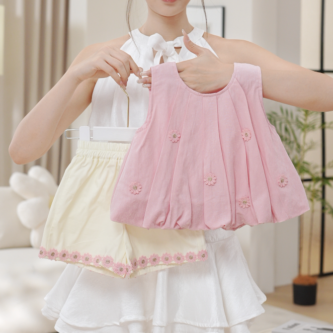 2025夏季女童紫粉色洋气花朵捏褶公主上衣花苞裤子两件套SA30466