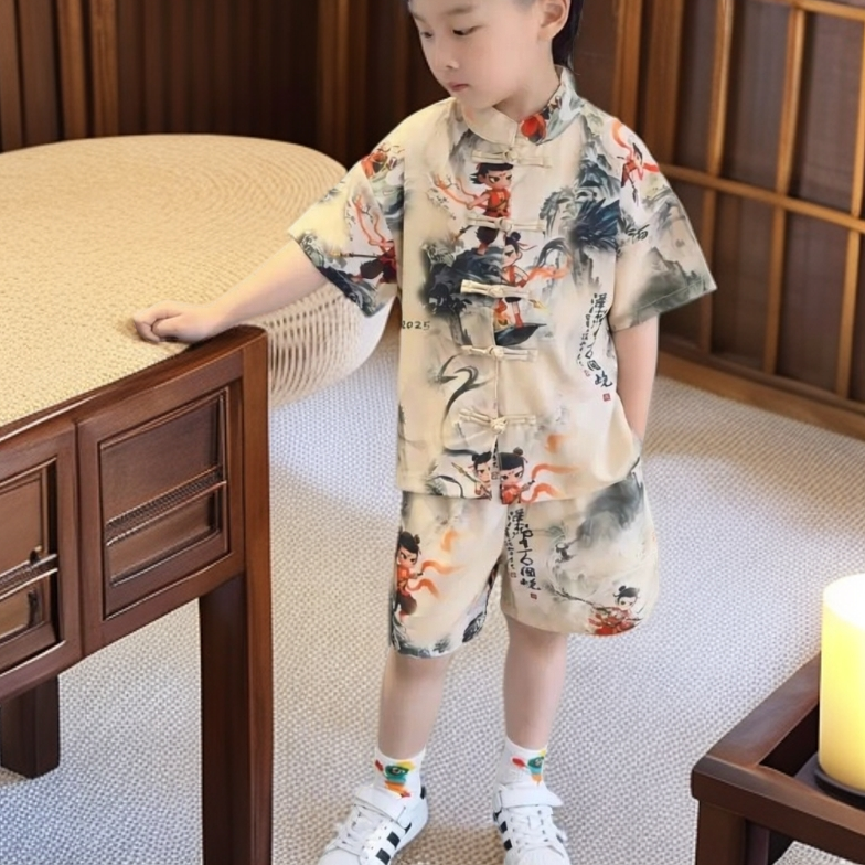 男童国风衣服夏季2026新款儿童哪吒汉服宝宝小孩两件短袖短裤套装