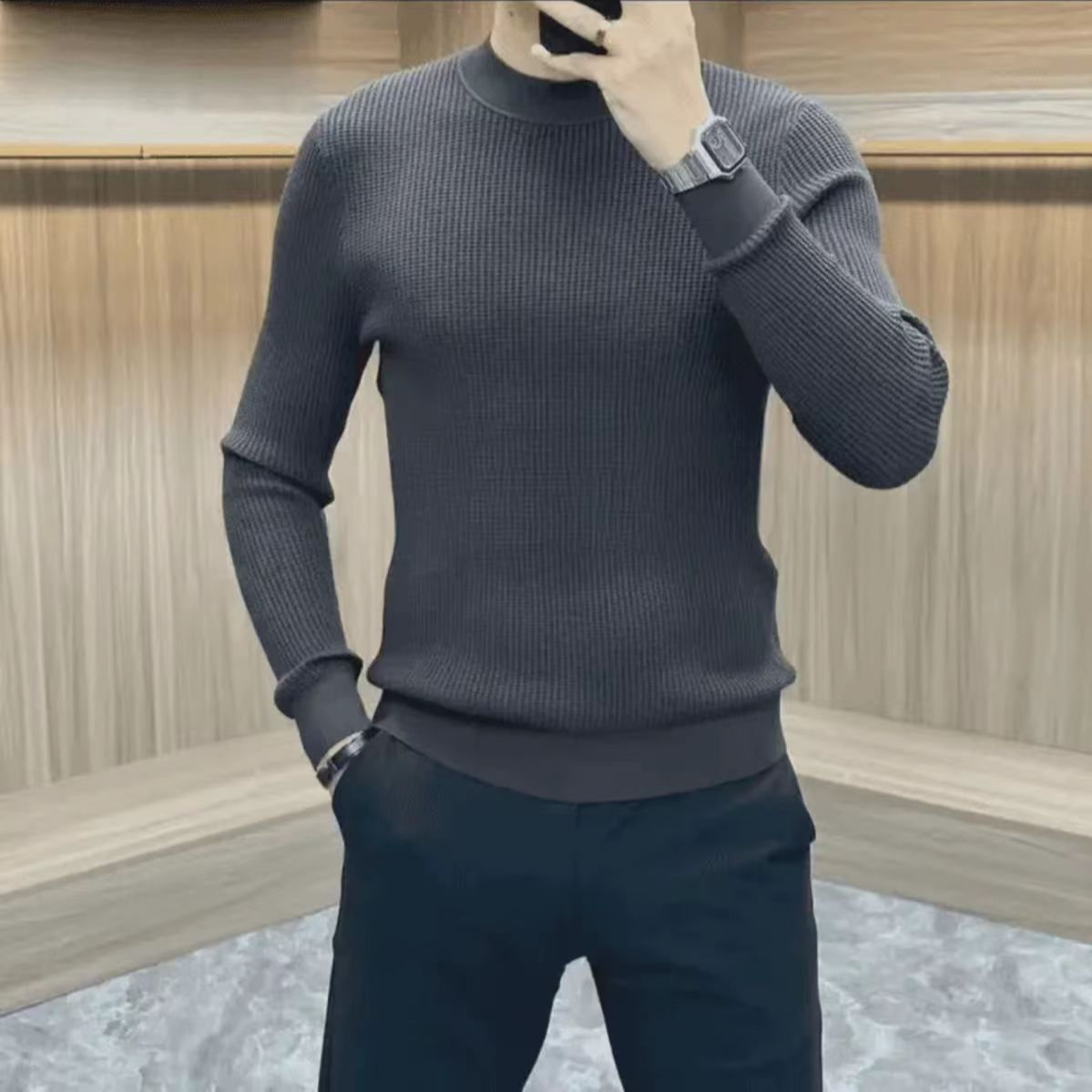 2025年秋冬新款男士轻奢长袖修身简约潮流保暖高端华夫格纹打底衣