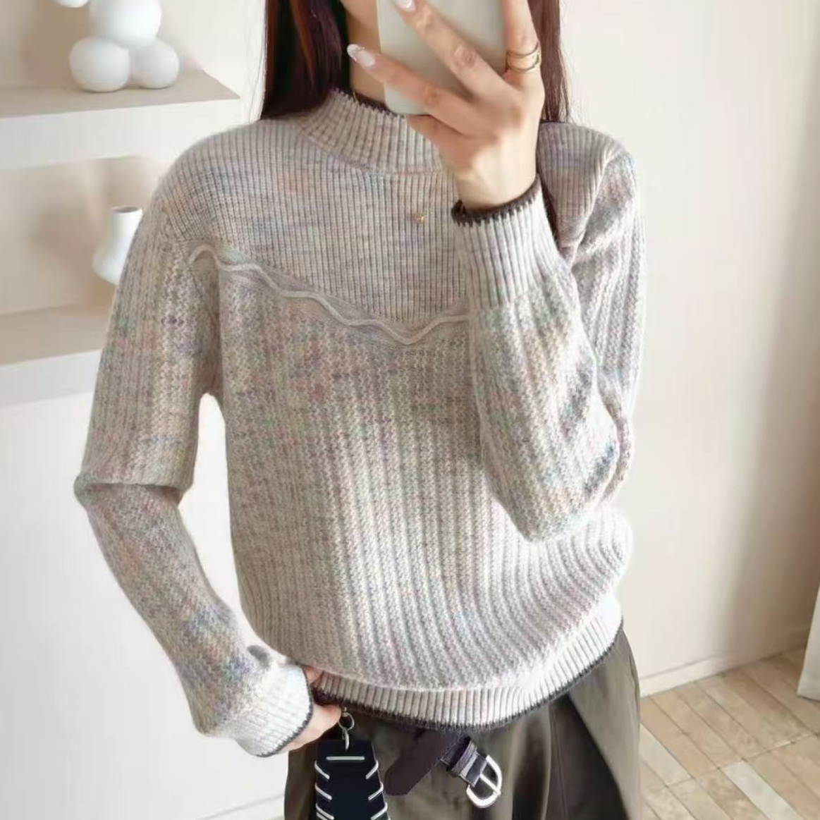 027#秋冬新款半高领针织套头花纱百搭打底