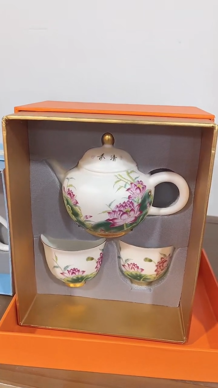 瓷片德艺茶器直播间@@荷花1壶2杯