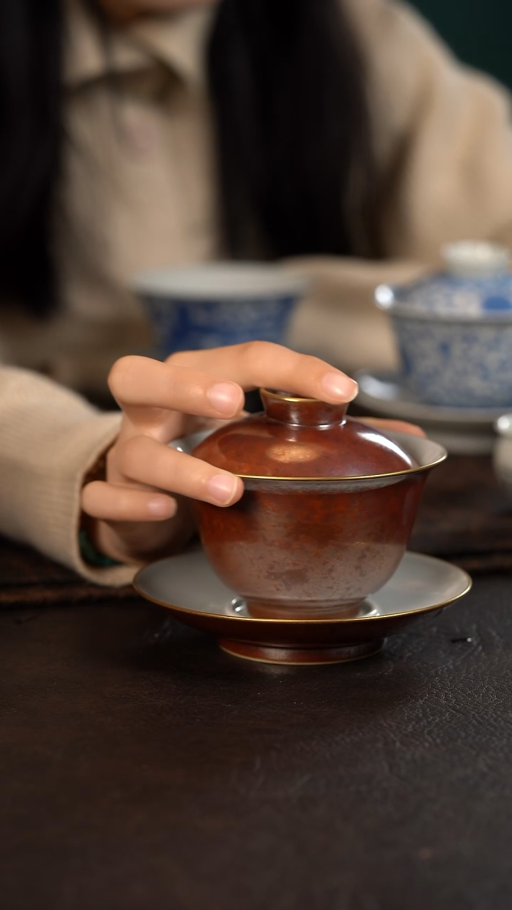 【闪购商品】杯聚澜堂红金花三才盖碗