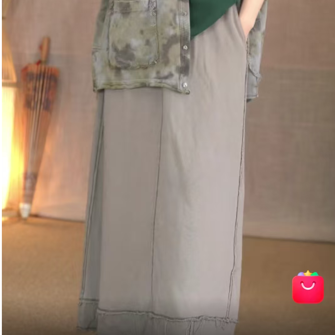 241234春季休闲毛边棉后开叉半裙（长88左右）自制无吊牌介意慎拍