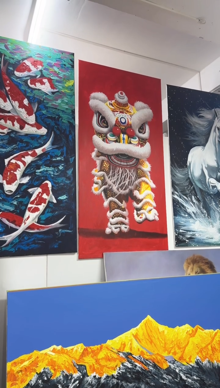 丙烯画贩****?大树老师醒狮加框