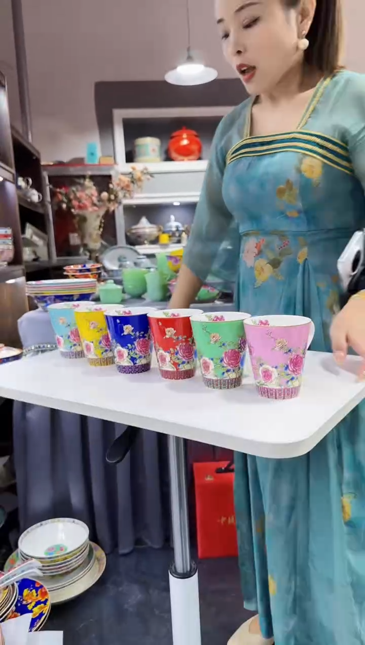 珐琅 牡丹花卉水杯6只装景德镇陶瓷