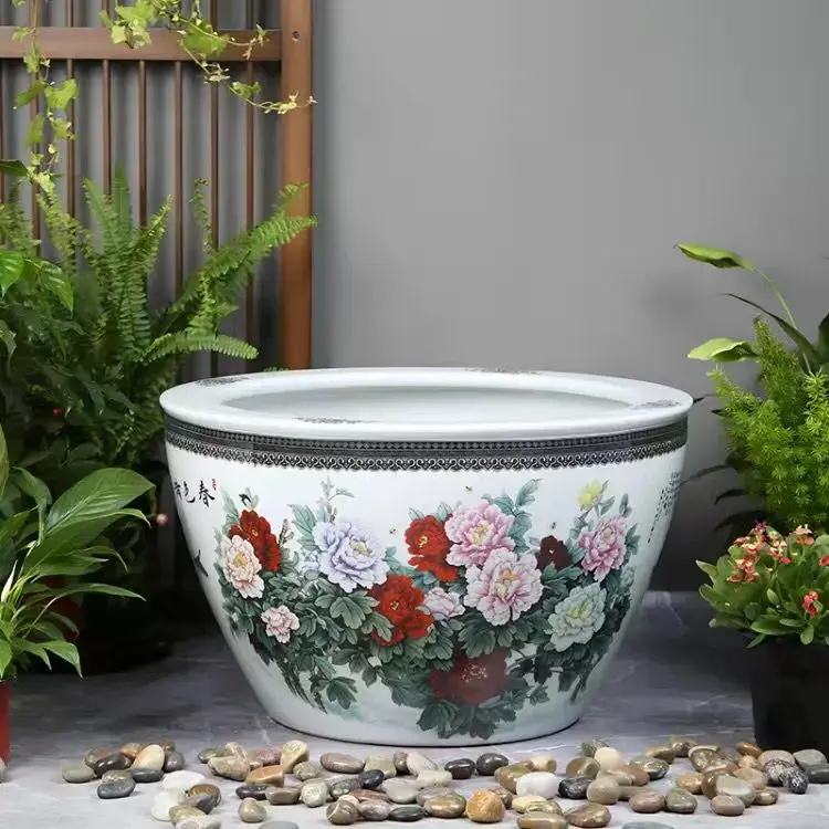 景德镇手绘正品陶瓷鱼缸水缸阳台睡莲荷花缸室外庭院陶瓷大缸