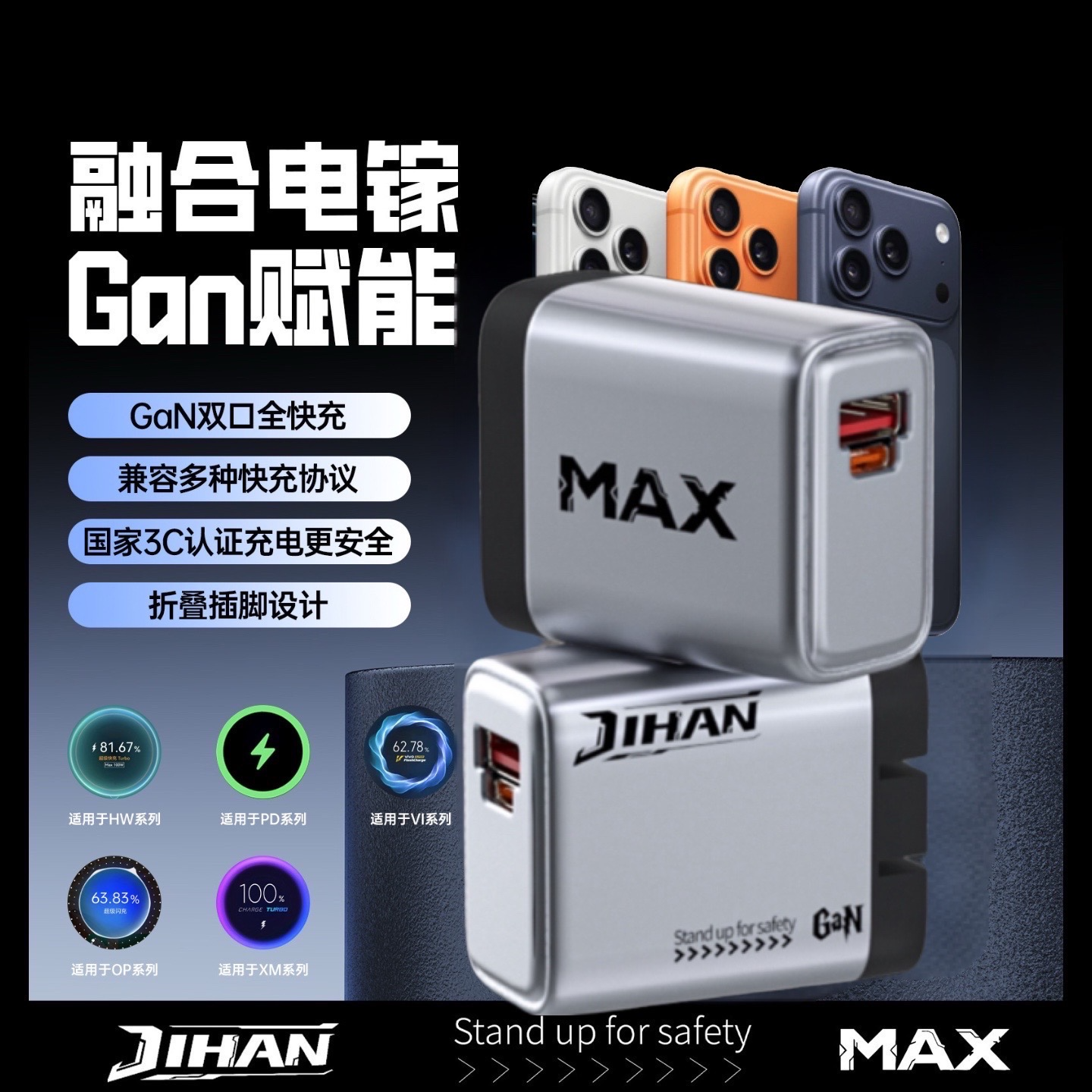 国家3C认证赋能多协议双口融合电镓充电头2025超级快充充电器