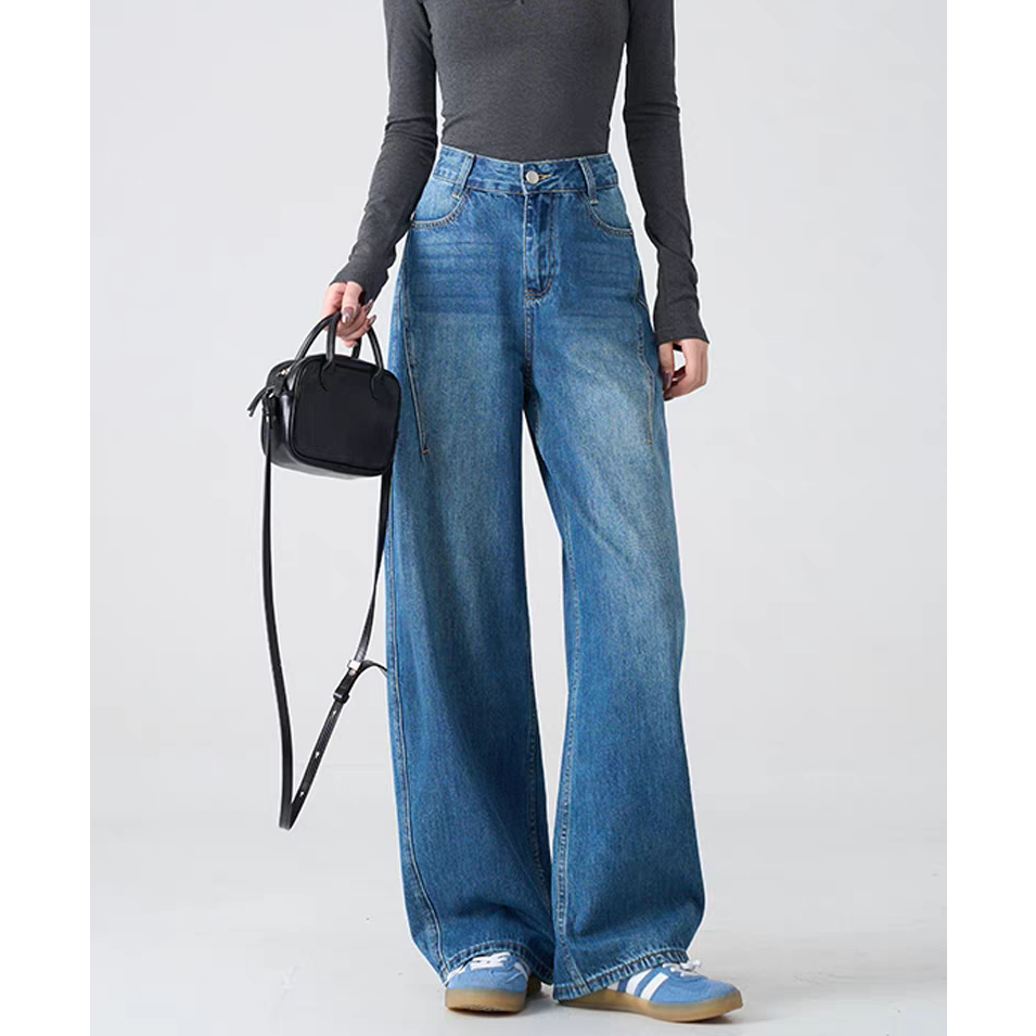 侧缝窄版休闲高腰显瘦加绒直筒牛仔裤L0103