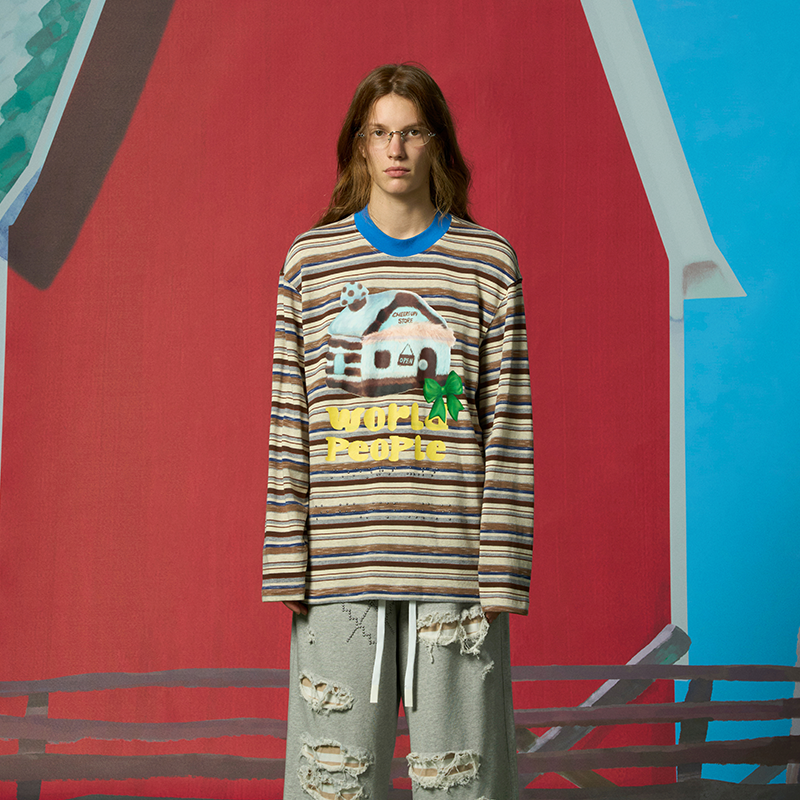 河岸家买手店CHEERi UPi宽松皮草雪屋多彩条纹长袖T恤26春夏新款