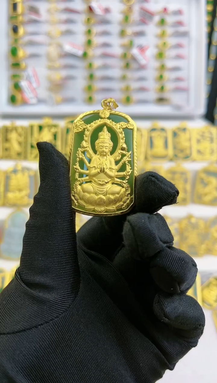 和田玉足金镶嵌吊坠(不含链)黄金和田玉吊坠