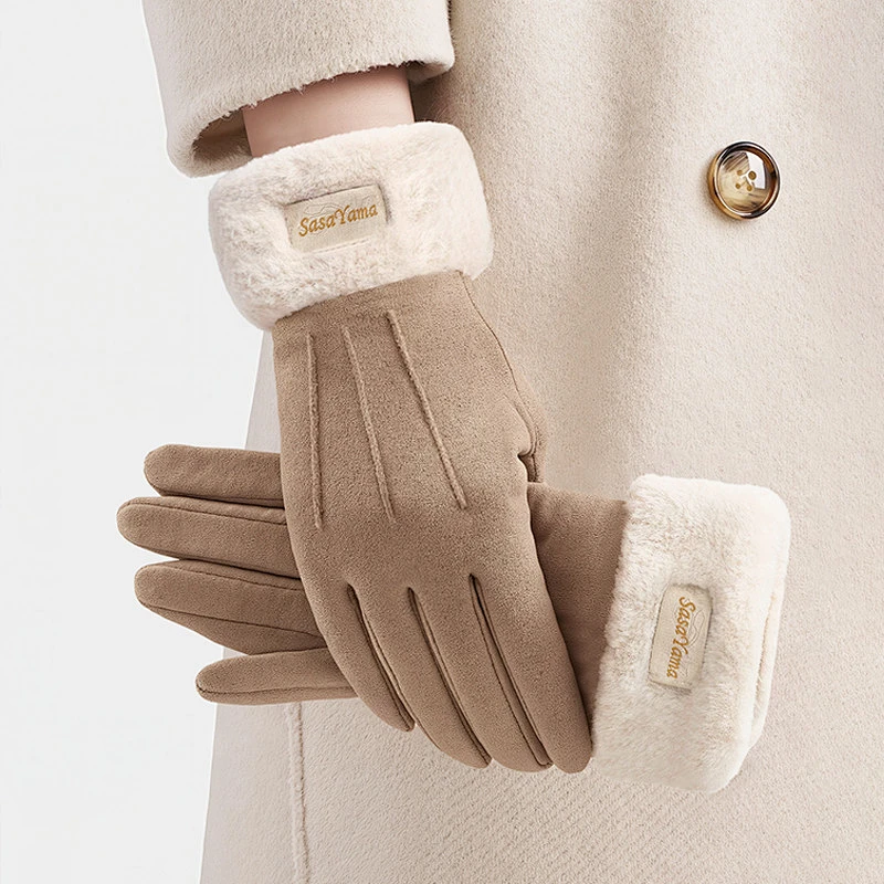 秋冬麂皮绒五指手套加绒加厚骑车用防风防寒可爱保暖手套F473