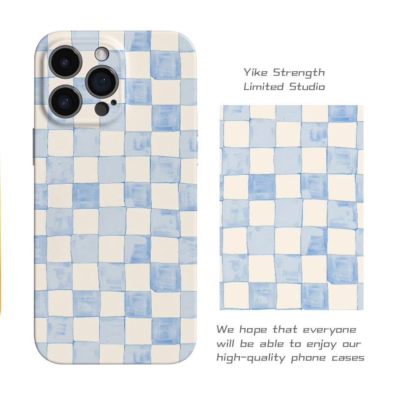 油画蓝白棋格菲林软壳进口光面适用iphone苹果13rpomax/14/16pro