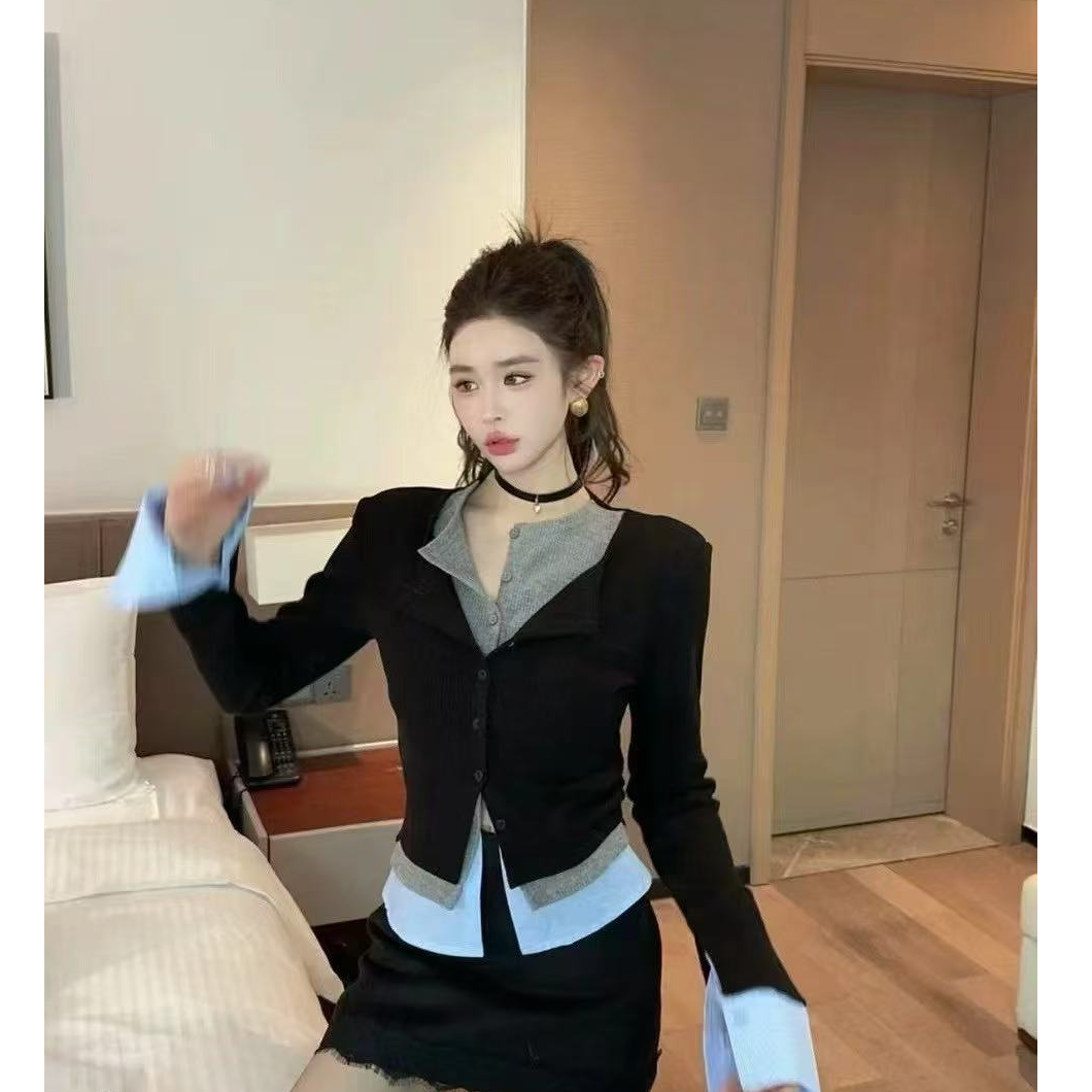 春季网红胖mm爆款纯色上衣针织拼接假两件韩版时尚百搭修身学院风