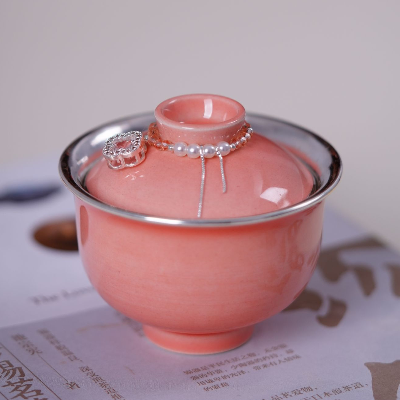 浅粉萌萌瓷包银盖碗复古陶瓷纯手工中式茶道创意女士粉色小容量